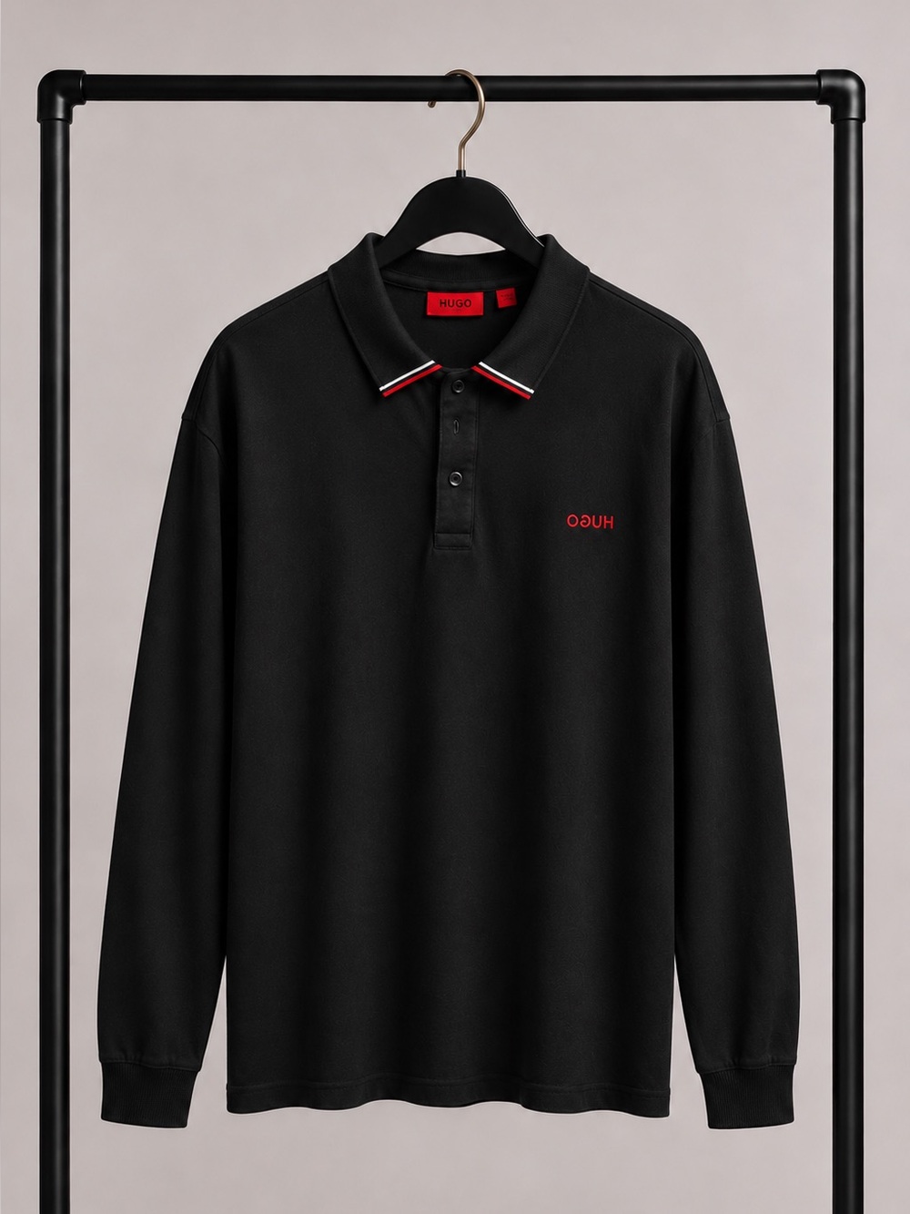 HUGO Boss Donol212 Long Sleeve Polo Shirt Black Red Trim XL ASOS